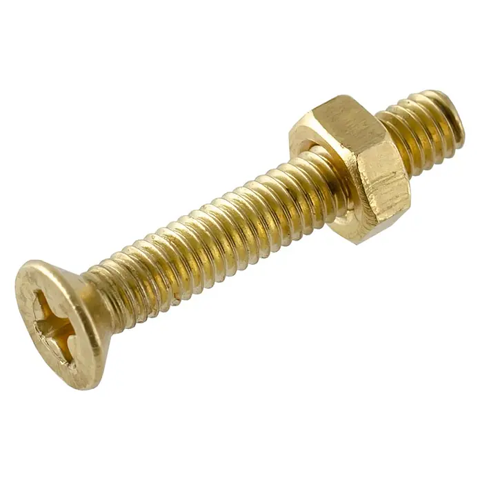 Senkkopfschraube MS - M 4, Länge: 10 mm, Messing, 14 Stk. - Nahaufnahme einer goldenen Schraube mit Mutter vor einem schwarzen Hintergrund, die Details und die glänzende Oberfläche hervorhebt.
