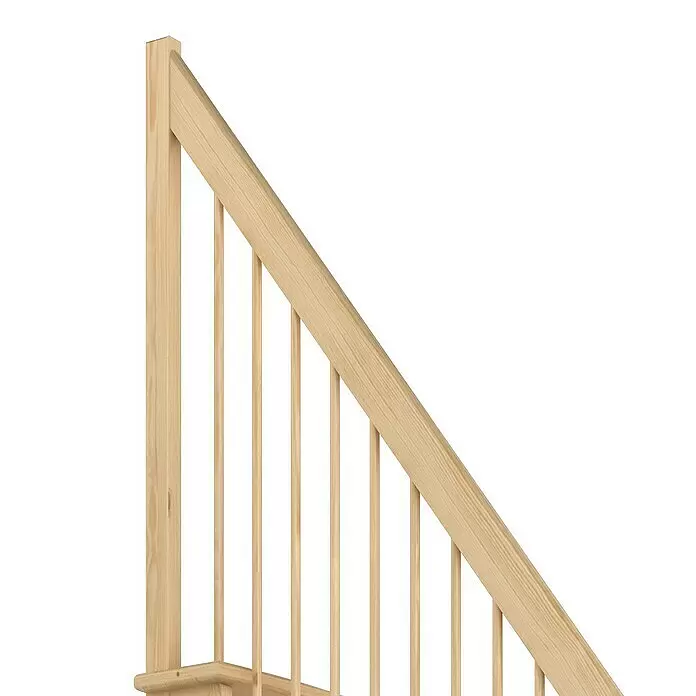 Dolle Raumspartreppe Lyon - Breite: 65 cm, Kiefer, Unbehandelt, Geschosshöhe: 286 cm, 1/4-gewendelt rechts, Holzgeländerstäbe - Helles Holztreppengeländer mit vertikalen Balustern und schrägem Handlauf.