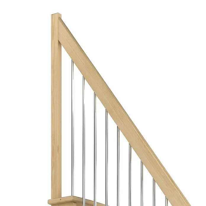 Dolle Raumspartreppe Lyon - Breite: 65 cm, Kiefer, Lackiert, Geschosshöhe: 286 cm, Gerade, Geländerstäbe aus Metall - Treppengeländer aus hellem Naturholz mit vertikalen Metallstäben.