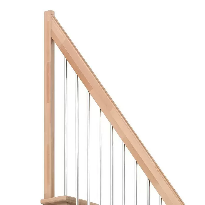Dolle Raumspartreppe Lyon - Breite: 65 cm, Buche, Unbehandelt, Geschosshöhe: 286 cm, Gerade, Geländerstäbe aus Metall - Treppengeländer-Segment aus hellem Holz mit vertikalen Metallstäben.