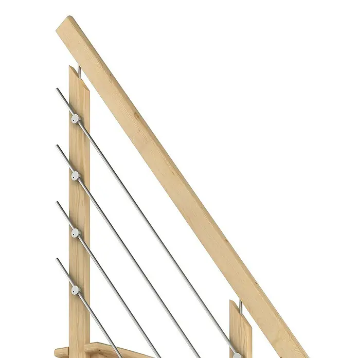 Dolle Raumspartreppe Lyon - Breite: 65 cm, Kiefer, Unbehandelt, Geschosshöhe: 286 cm, 1/4-gewendelt links, Mitlaufende Edelstahlstäbe - Detailaufnahme einer Holztreppe mit Edelstahlseilen als Geländer. Die Konstruktion zeigt modernes Design mit natürlichen Materialien.