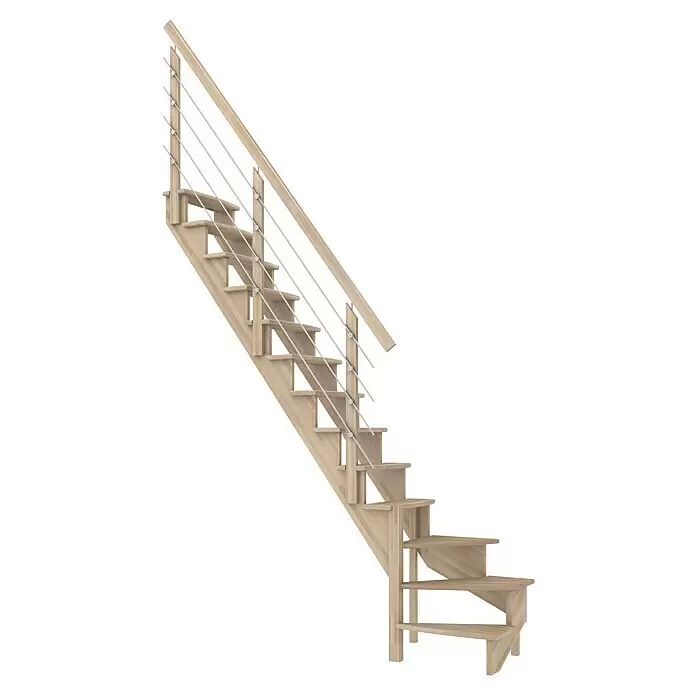 Dolle Raumspartreppe Lyon - Breite: 65 cm, Buche, Lackiert, Geschosshöhe: 286 cm, 1/4-gewendelt links, Mitlaufende Edelstahlstäbe - Helle Holztreppe mit modernem Geländer und Metallseilen.