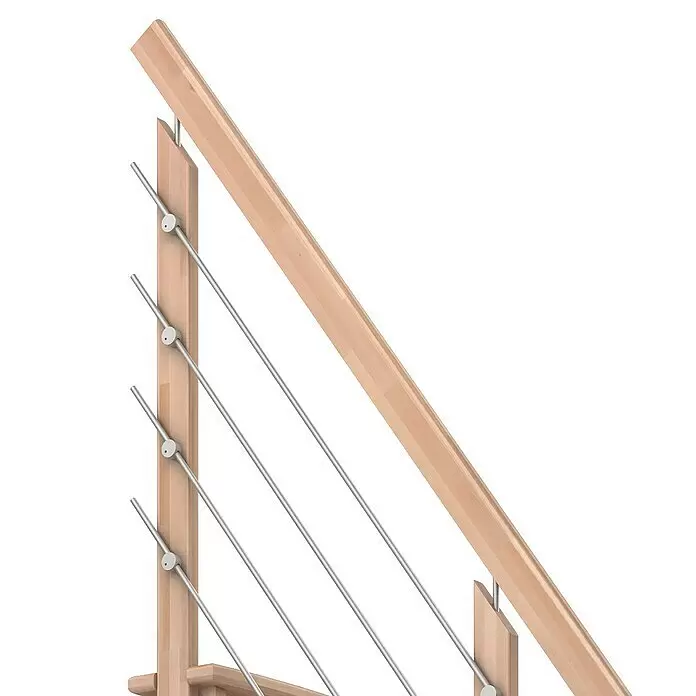 Dolle Raumspartreppe Lyon - Breite: 65 cm, Buche, Lackiert, Geschosshöhe: 286 cm, Gerade, Mitlaufende Edelstahlstäbe - Natürliches Holz-Treppengeländer mit Edelstahlseilfüllung.