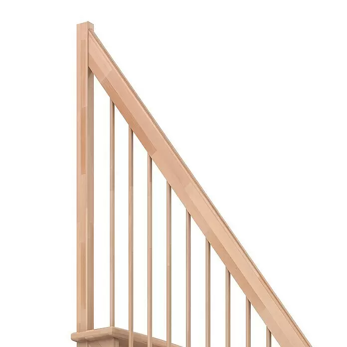 Dolle Raumspartreppe Lyon - Breite: 65 cm, Buche, Unbehandelt, Geschosshöhe: 286 cm, 1/4-gewendelt links, Holzgeländerstäbe - Treppengeländer aus hellem Holz mit Balustern, Handlauf und Pfosten.