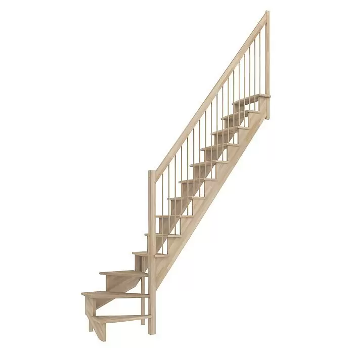Dolle Raumspartreppe Lyon - Breite: 75 cm, Buche, Unbehandelt, Geschosshöhe: 286 cm, 1/4-gewendelt rechts, Holzgeländerstäbe - Helle Holztreppe mit Geländer.