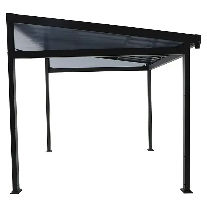 Sunfun Anstellpavillon Ibiza - B x T: 300 x 300 cm, Farbe Gestell: Anthrazit, Aluminium - Aufnahme eines Pavillons mit dunklem Rahmen und geneigtem Dach vor schwarzem Hintergrund. Ideal für Garten und Terrasse.