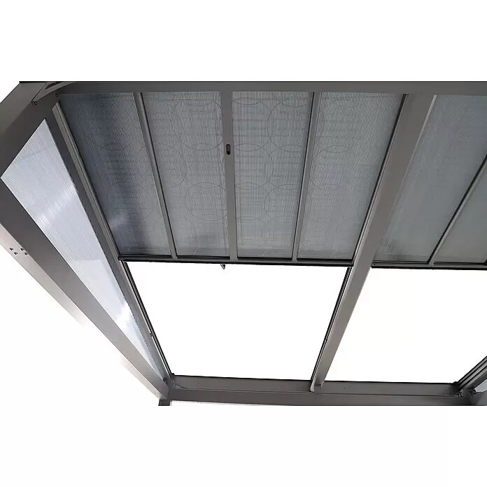 Sunfun Anstellpavillon Ibiza - B x T: 300 x 300 cm, Farbe Gestell: Anthrazit, Aluminium - Nahaufnahme eines grau gerahmten Pergola-Dachs mit transparenten Wellplatten.