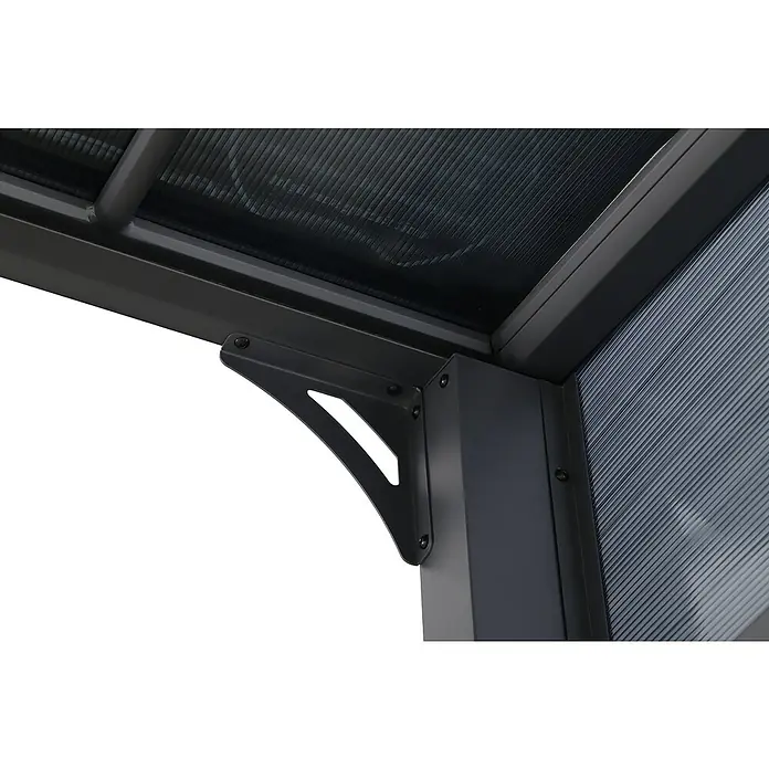 Sunfun Anstellpavillon Ibiza - B x T: 300 x 300 cm, Farbe Gestell: Anthrazit, Aluminium - Detailaufnahme eines Pavillons mit Fokus auf die Eckverstärkung und die geriffelte Dachkonstruktion, die Stabilität und modernes Design vereint.