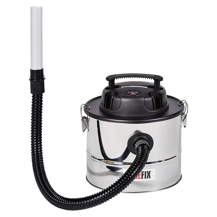 Aschesauger - 800 W, Fassungsvermögen: 15 l - Hier ist ein Nass- und Trockensauger aus Edelstahl mit einem schwarzen Schlauch und einem weißen Aufsatz.