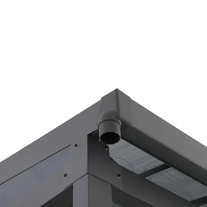 Sunfun Anstellpavillon Ibiza - B x T: 300 x 300 cm, Farbe Gestell: Anthrazit, Aluminium - Detailaufnahme einer grauen Pavillon-Ecke mit Regenablauf, die die Konstruktion und Funktionalität des Produkts hervorhebt.