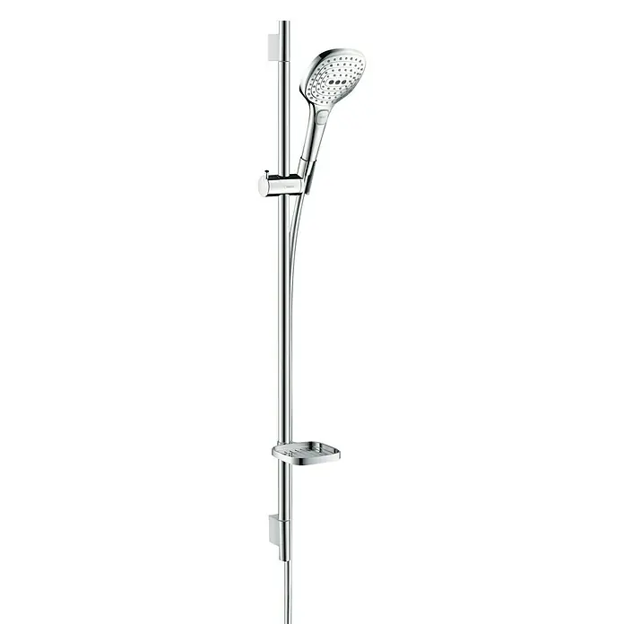 Hansgrohe Brausegarnitur Raindance Select E 120 - Lochabstand: 91,5 cm, Art Strahl: Rain, RainAir, Whirl, Chrom - Duschstange mit Handbrause und Seifenablage, verchromt für ein modernes Badezimmer-Design und komfortables Duscherlebnis.