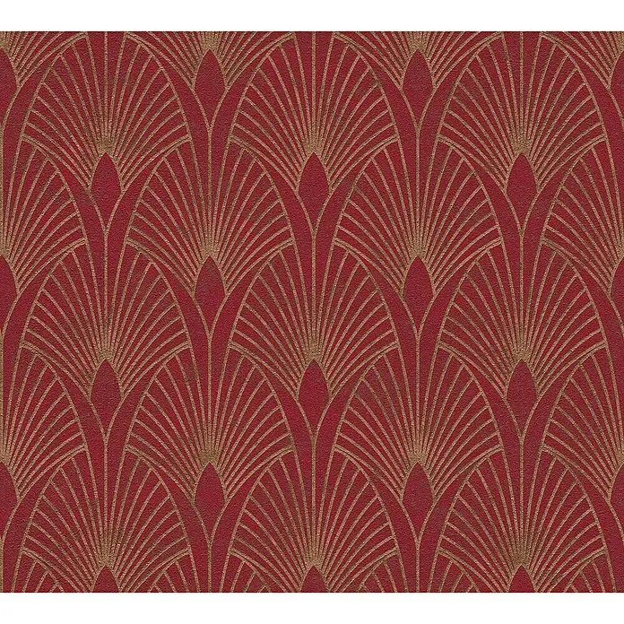 A.S. Création New Walls Vliestapete Art Deco - Rot/Gold, Grafisch, 10,05 x 0,53 m - Elegante rote Tapete mit goldenen Art-Deco-Fächerlinien, die einen luxuriösen und stilvollen Akzent für jeden Raum setzt.