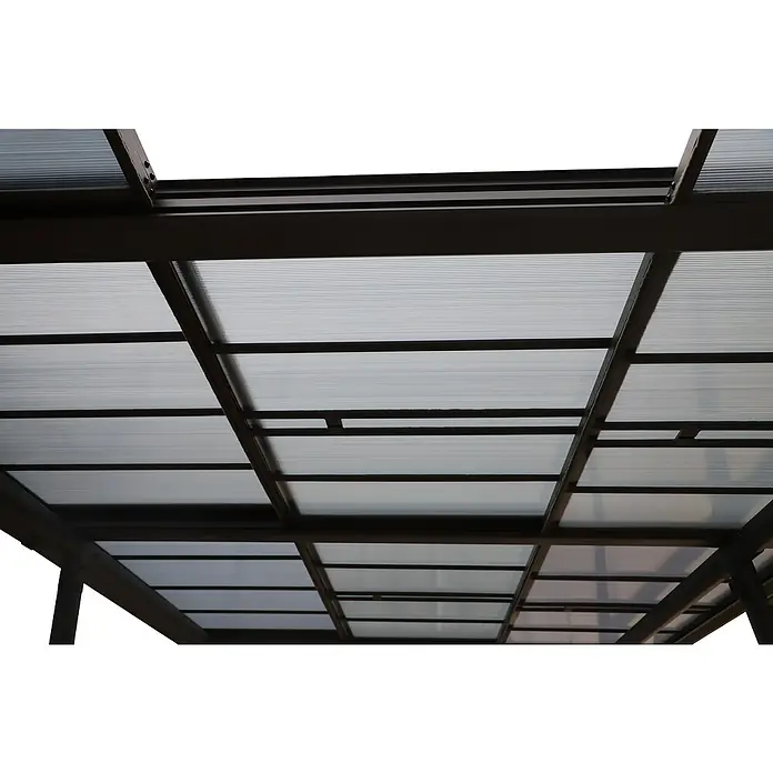 Sunfun Anstellpavillon Sera Cabrio XXL - B x T: 700 x 300 cm, Farbe Gestell: Anthrazit, Aluminium - Ein Blick auf eine moderne Terrassenüberdachung mit lichtdurchlässigen Paneelen und einem robusten Rahmen, der Schutz und stilvolles Design vereint.
