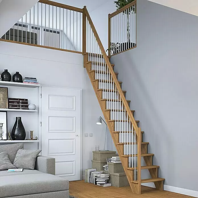 Dolle Raumspartreppe Lyon - Breite: 75 cm, Eiche, Lackiert, Geschosshöhe: 286 cm, Gerade, Geländerstäbe aus Metall - Raumspartreppe aus Holz mit weißen Balustern, die zu einem Loft führt.