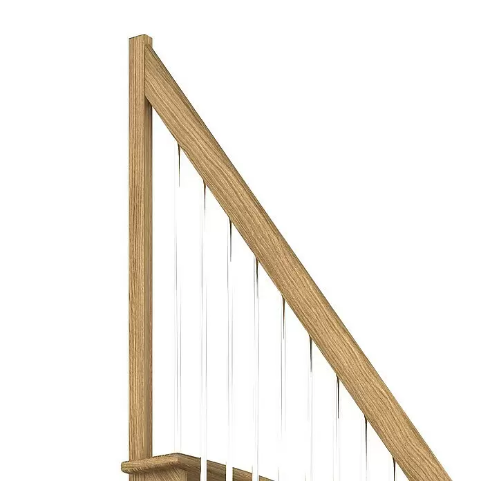 Dolle Raumspartreppe Lyon - Breite: 75 cm, Eiche, Lackiert, Geschosshöhe: 286 cm, 1/4-gewendelt links, Geländerstäbe aus Metall - Treppengeländer aus hellem Holz mit vertikalen Balustern.