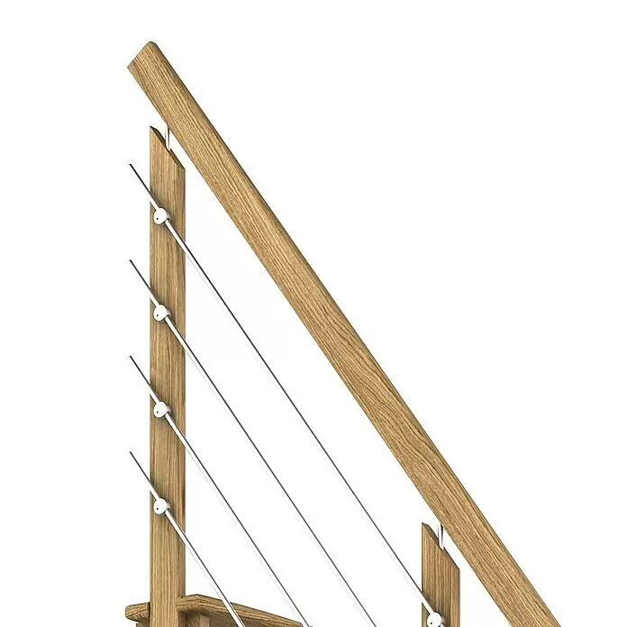 Dolle Raumspartreppe Lyon - Breite: 65 cm, Eiche, Lackiert, Geschosshöhe: 286 cm, 1/4-gewendelt links, Mitlaufende Edelstahlstäbe - Modernes Treppengeländer mit schrägem Holzhandlauf, vertikalen Holzpfosten und horizontalen Metallseilen.