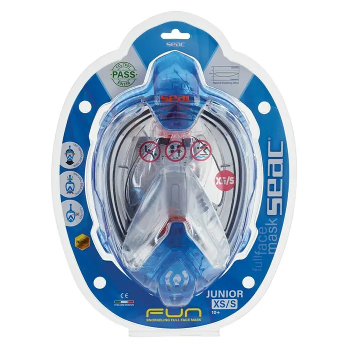 Seac Sub Máscara de Snorkel Fun Junior - XS/S, Plástico, Azul/Naranja - La imagen muestra una máscara de snorkel facial completa SEAC Fun Junior XS/S en azul, ideal para niños a partir de 10 años.
