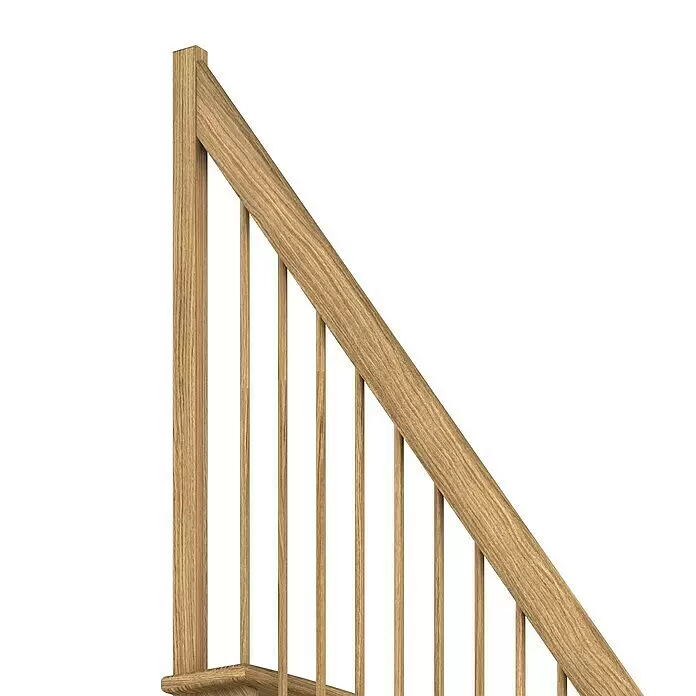 Dolle Raumspartreppe Lyon - Breite: 75 cm, Eiche, Lackiert, Geschosshöhe: 286 cm, Gerade, Holzgeländerstäbe - Hellbraunes Holztreppengeländer mit vertikalen Balustern und schräger Handlauf.