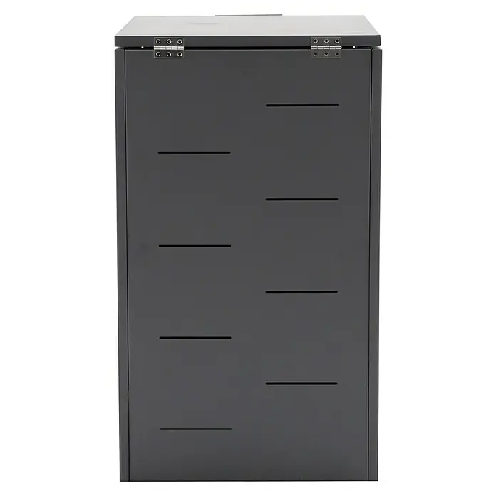 Sunfun Mülltonnenbox - B x T: 67 x 81,5 cm, Anthrazit, Stahl, Geeignet für Anzahl Mülltonnen: 1 Stk. - Das Bild zeigt einen anthrazitfarbenen Outdoor-Mülltonnenbox mit praktischen Schlitzen und einem hellgrauen Deckel. Die Box bietet Platz für zwei Mülltonnen.