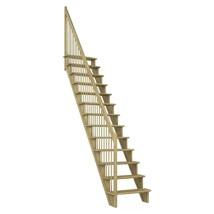 Dolle Raumspartreppe Lyon - Breite: 75 cm, Eiche, Lackiert, Geschosshöhe: 286 cm, Gerade, Holzgeländerstäbe - Helle Holztreppe mit Balustern und Handlauf, schräg nach oben verlaufend.