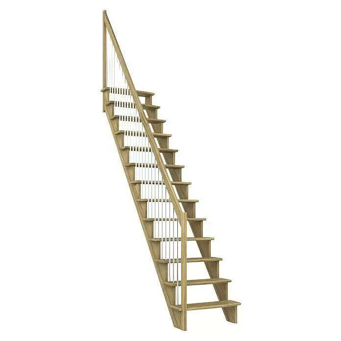 Dolle Raumspartreppe Lyon - Breite: 65 cm, Eiche, Lackiert, Geschosshöhe: 286 cm, Gerade, Geländerstäbe aus Metall - Holztreppe mit hellen Holzstufen und silbernen Metallgeländerstäben.