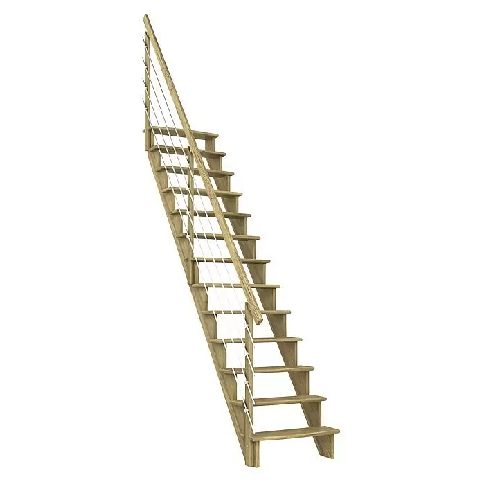 Dolle Raumspartreppe Lyon - Breite: 65 cm, Eiche, Lackiert, Geschosshöhe: 286 cm, Gerade, Mitlaufende Edelstahlstäbe - Moderne gerade Holztreppe mit hellbraunen Stufen und minimalistischem Drahtgeländer.