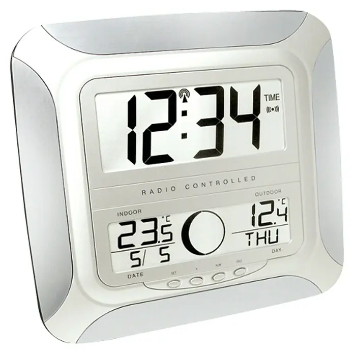 Digitale Funkwanduhr - Silber, L x B x H: 25,5 x 3,1 x 24,3 cm - Digitale Funkwetterstation mit Anzeige von Uhrzeit, Innen- und Außentemperatur sowie Datum für den täglichen Gebrauch.