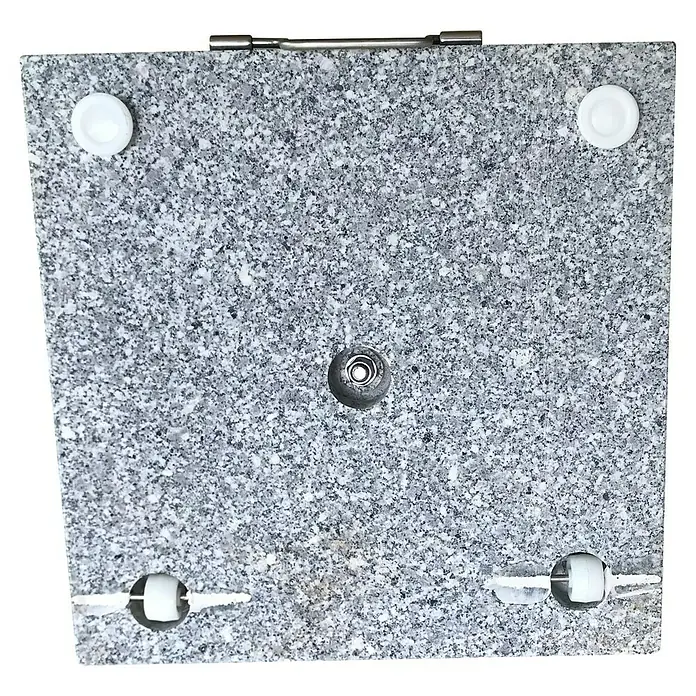Sunfun Base de parasol de granito Florenz - 25 kg, 45 x 45 cm - Una losa de piedra gris con elementos de montaje diseñados para el ensamblaje o la estabilización del producto.