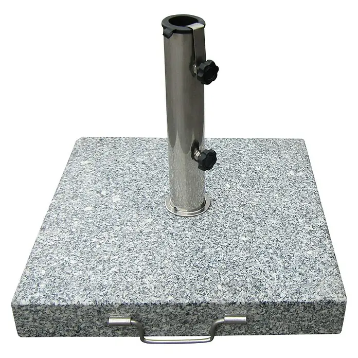 Sunfun Base de parasol de granito Malaga - 42 kg, 50 x 50 cm - Imagen de una base de sombrilla cuadrada de granito con un tubo metálico plateado para sujetar la sombrilla.
