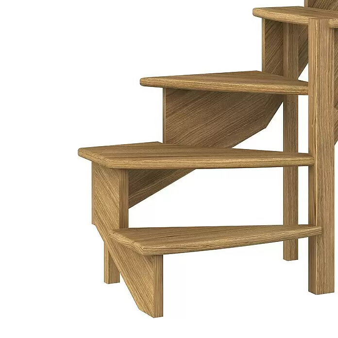 Dolle Raumspartreppe Lyon - Breite: 65 cm, Eiche, Lackiert, Geschosshöhe: 286 cm, 1/4-gewendelt rechts, Mitlaufende Edelstahlstäbe - Helle Holz-Wendeltreppe mit deutlicher Maserung.