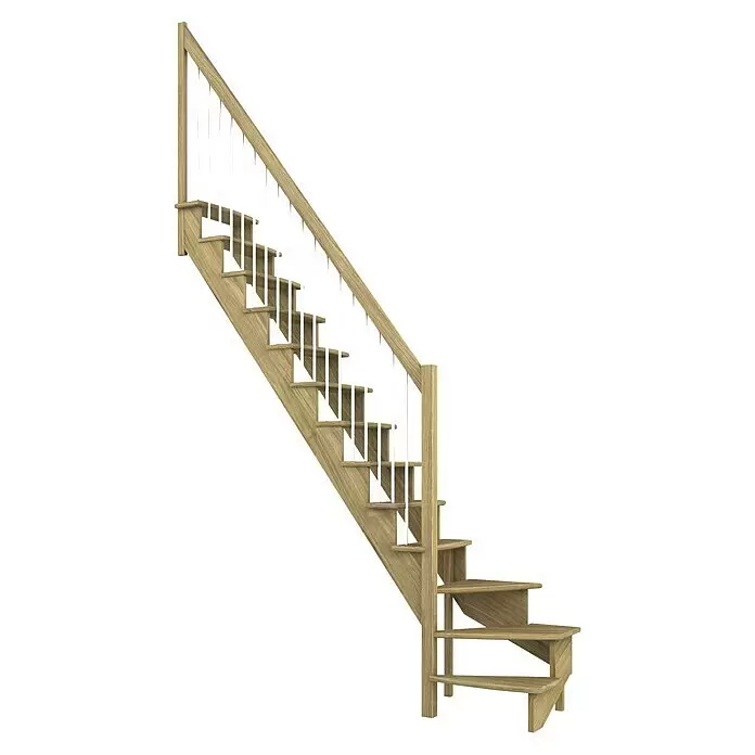 Dolle Raumspartreppe Lyon - Breite: 75 cm, Eiche, Lackiert, Geschosshöhe: 286 cm, 1/4-gewendelt links, Geländerstäbe aus Metall - Hölzerne Treppe aus hellem Holz mit weißer Balustrade.