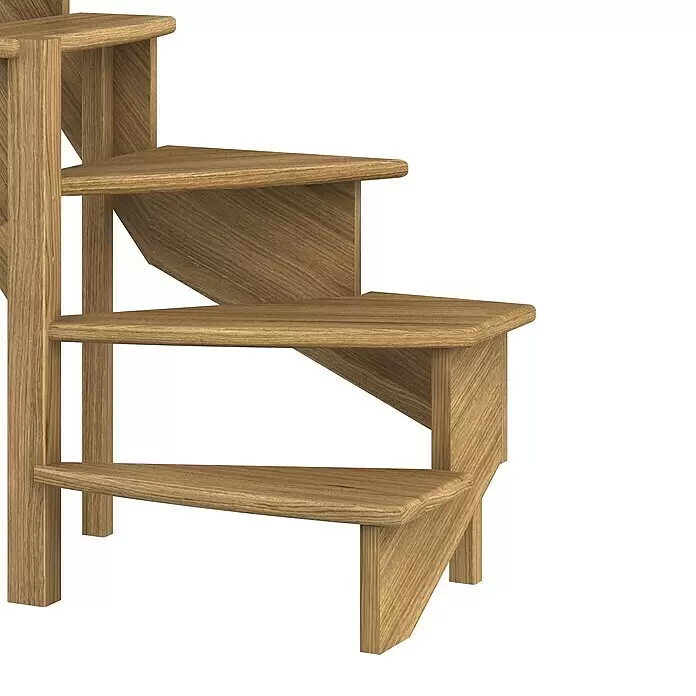 Dolle Raumspartreppe Lyon - Breite: 65 cm, Eiche, Lackiert, Geschosshöhe: 286 cm, 1/4-gewendelt links, Mitlaufende Edelstahlstäbe - Hellbrauner Holz-Wendeltreppenabschnitt.