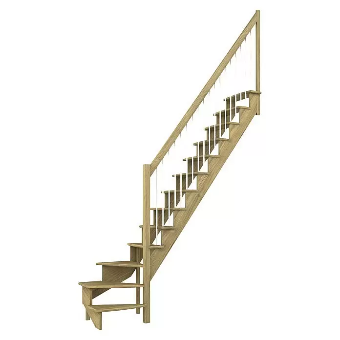 Dolle Raumspartreppe Lyon - Breite: 75 cm, Eiche, Lackiert, Geschosshöhe: 286 cm, 1/4-gewendelt rechts, Geländerstäbe aus Metall - Helle Holztreppe mit weißen Balustern und Holzgeländer.