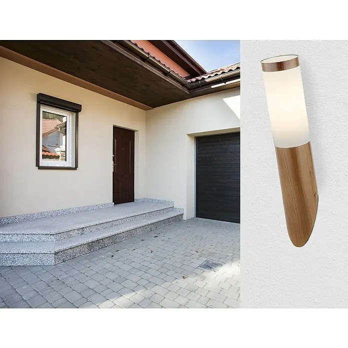 Globo Boston Aplique exterior - 60 W, Marrón, Blanco opal, IP44 - Lámpara de pared de madera y vidrio opal para iluminación exterior ambiental.