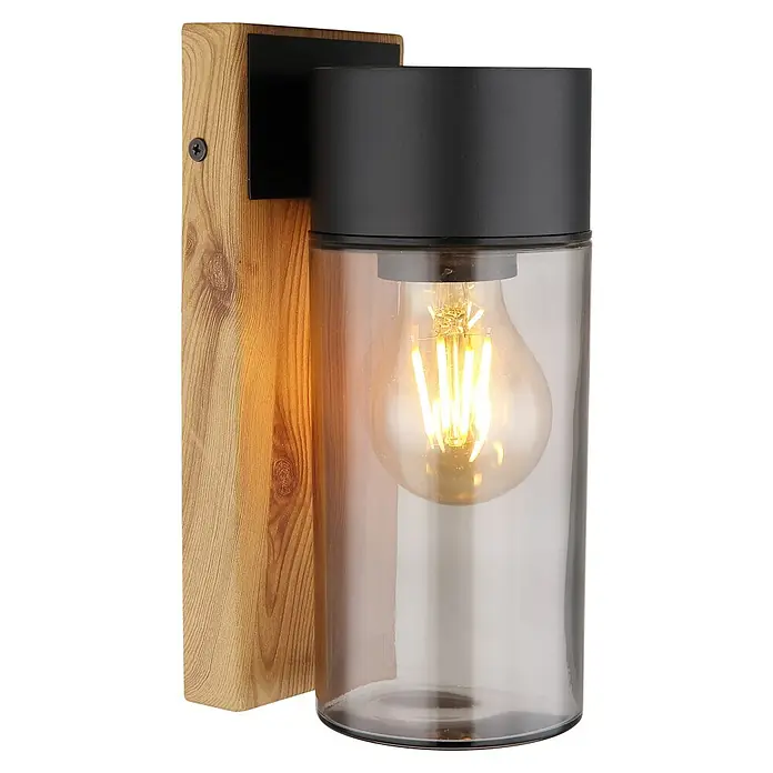 Globo Außenwandleuchte Etsi - 40 W, 12,4 x 9 x 22,5 cm, Anthrazit, Holz, IP44 - Stilvolle Wandleuchte mit Holzsockel, schwarzer Fassung und Glaskörper. Das warmes Licht der Glühbirne sorgt für eine angenehme Atmosphäre.