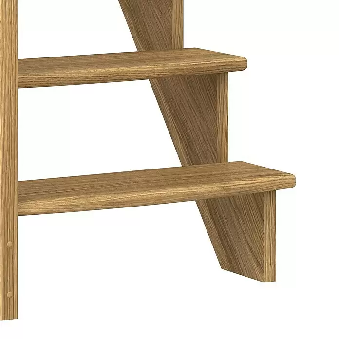 Dolle Raumspartreppe Lyon - Breite: 75 cm, Eiche, Lackiert, Geschosshöhe: 286 cm, Gerade, Holzgeländerstäbe - Nahaufnahme einer hellbraunen Holztreppe mit sichtbarer Maserung, zwei Stufen und deren Stützen zeigend.