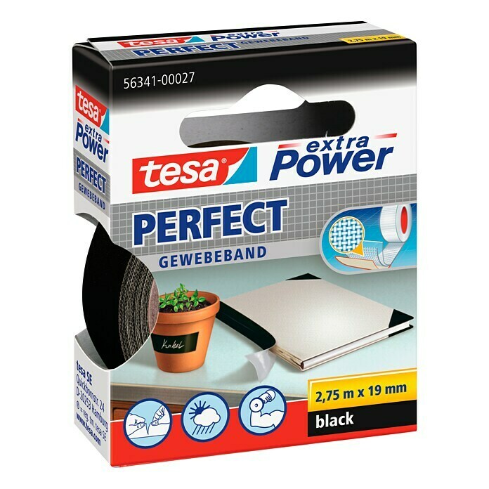 Tesa Extra Power Gewebeband PERFECT (Schwarz, 2,75 m x 19 mm)