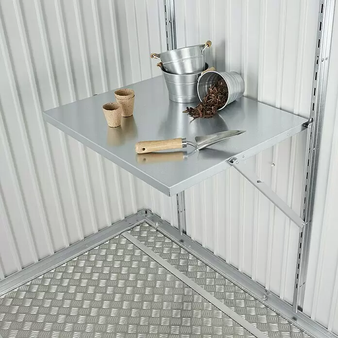 Biohort Klapptisch - Passend für: Biohort Gerätehäuser, Biohort Geräteschrank, 0,58 x 0,69 m - Linke Seitenansicht