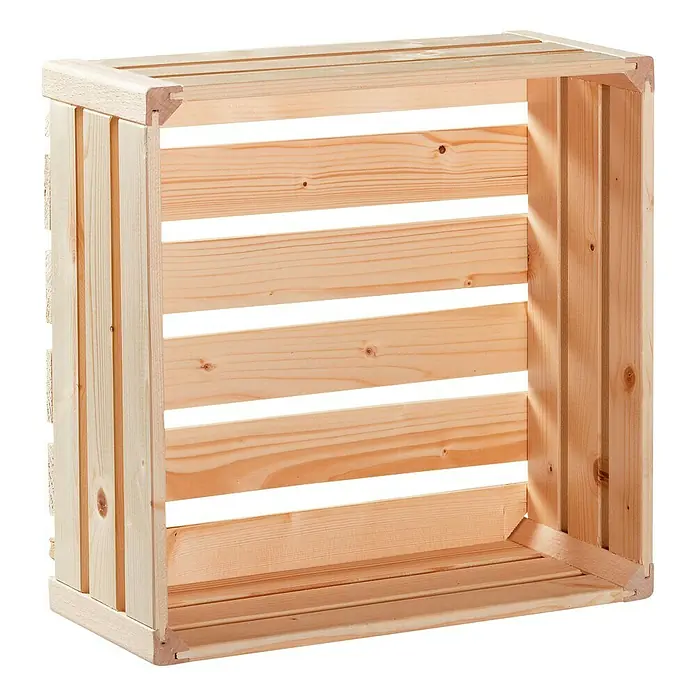 HolzZollhaus Holzkiste B 1/2 - 35 x 35 x 16 cm, Natur - Nahaufnahme einer hellen, unbehandelten Holzkiste mit horizontalen Holzleisten und Eckverbindungen.