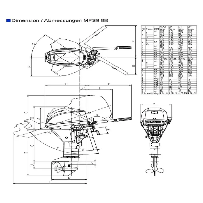 Tohatsu Außenbordmotor MFS 9.8 BS - 7,2 kW, Pinnensteuerung, Kurzschaft, Seilzug - Bild der Abmessungen des MFS9.8B Außenbordmotors mit detaillierten Maßangaben und technischen Zeichnungen.