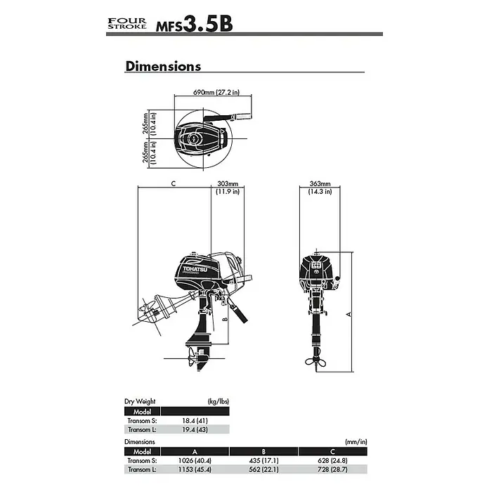 Tohatsu Außenbordmotor MFS 3,5 CS - 2,6 kW, Pinnensteuerung, Kurzschaft, Seilzug - Abmessungen des Tohatsu MFS 3.5B Viertakt-Außenbordmotors mit Gewichts- und Größenangaben für die Modelle Transom S und Transom L.
