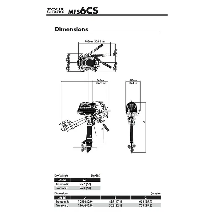 Tohatsu Außenbordmotor MFS 6 DDL - 4,4 kW, Pinnensteuerung, Langschaft, Seilzug - Abmessungen des Tohatsu MFS6CS Viertakt-Außenbordmotors mit Angaben zu Gewicht, Länge, Breite und Höhe für verschiedene Schaftlängen.