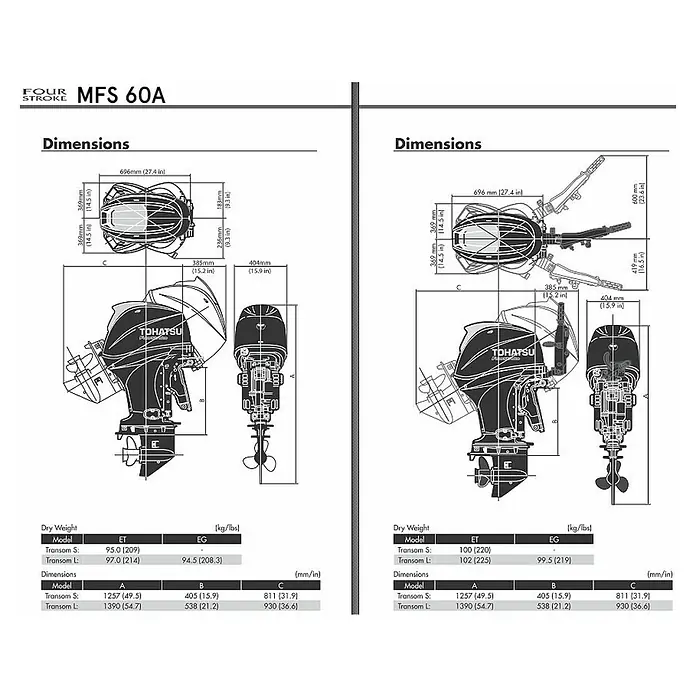 Tohatsu Außenbordmotor MFS 60 A ETL - 44,13 kW, Fernsteuerung, Langschaft, Elektrostart - Abmessungen des Tohatsu MFS 60A Viertakt-Außenbordmotors mit detaillierten Maßangaben und Gewichten für verschiedene Modelle.