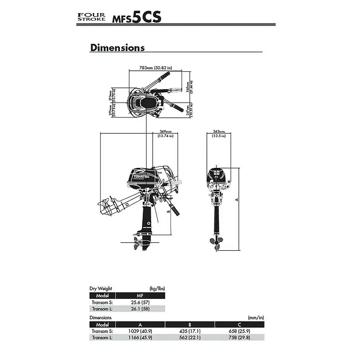 Tohatsu Außenbordmotor MFS 5 DSL - 3,7 kW, Pinnensteuerung, Langschaft, Seilzug, Propellernaben-Auspuff - Abmessungen des Tohatsu MFS5CS Viertakt-Außenbordmotors mit technischen Details zu Gewicht und Maßen für Transom S und L Modelle.