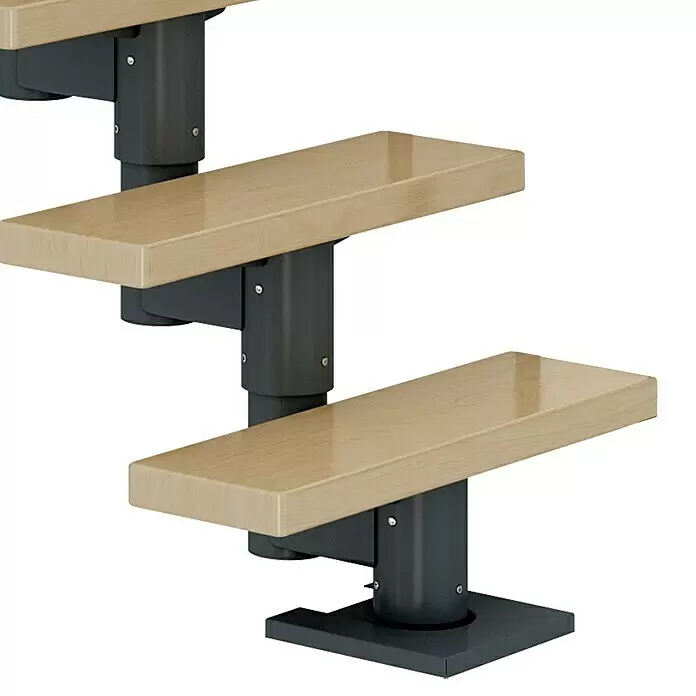 Dolle Mittelholmtreppe Dublin - Breite: 75 cm, Anthrazitgrau, Gerade, Farbe Stufen: Ahorn Natur, Geschosshöhe: 278 cm - 337 cm, Einzelstabgeländer - Drei helle Holzstufen mit dunkelgrauen, verstellbaren Metallstützen, für modulare Tribünenbestuhlung oder gestufte Präsentationen.