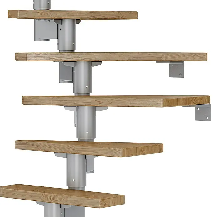 Dolle Mittelholmtreppe Dublin - Breite: 65 cm, Perlgrau, 1/4-gewendelt, Farbe Stufen: Eiche Natur, Geschosshöhe: 222 cm - 270 cm, Edelstahlgeländer - Eine elegante Treppe mit Holzstufen und einer zentralen Metallsäule, die ein modernes und minimalistisches Design bietet.