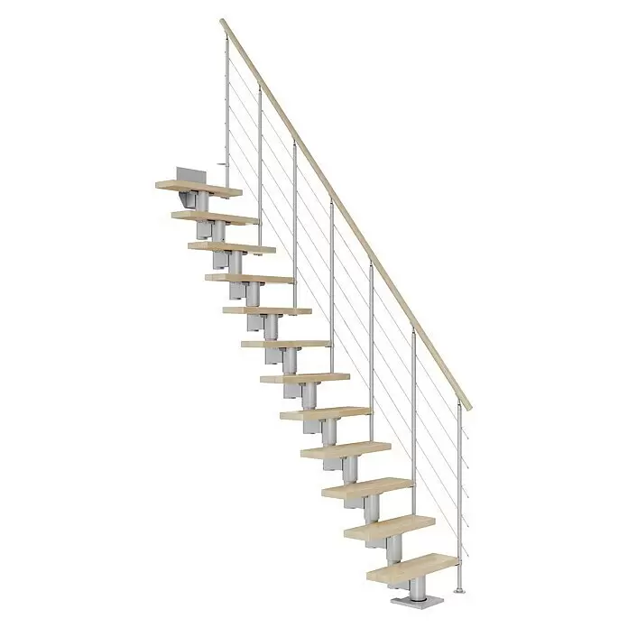 Dolle Mittelholmtreppe Dublin - Breite: 65 cm, Perlgrau, Gerade, Farbe Stufen: Buche Natur, Geschosshöhe: 259 cm - 315 cm, Edelstahlgeländer - Moderne schwebende Treppe mit hellen Holzstufen, silbernen Stützen und Holzhandlauf mit dünnen Metallgeländern.