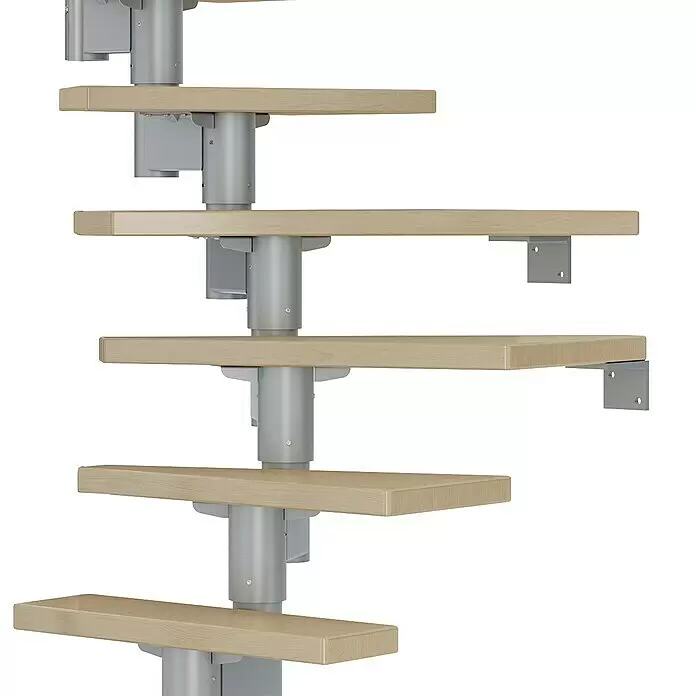 Dolle Mittelholmtreppe Dublin - Breite: 75 cm, Perlgrau, 1/4-gewendelt, Farbe Stufen: Ahorn Natur, Geschosshöhe: 278 cm - 337 cm, Einzelstabgeländer - Trittstufen einer Wendeltreppe aus hellem Holz, an einer silbernen Mittelstütze mit Halterungen befestigt.