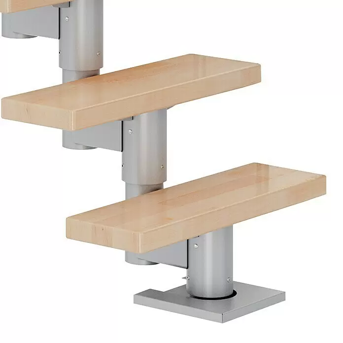 Dolle Mittelholmtreppe Dublin - Breite: 75 cm, Perlgrau, Gerade, Farbe Stufen: Buche Natur, Geschosshöhe: 222 cm - 270 cm, Einzelstabgeländer - Freitragende Treppe mit hellen Holzstufen und silbernen Metallstützen.