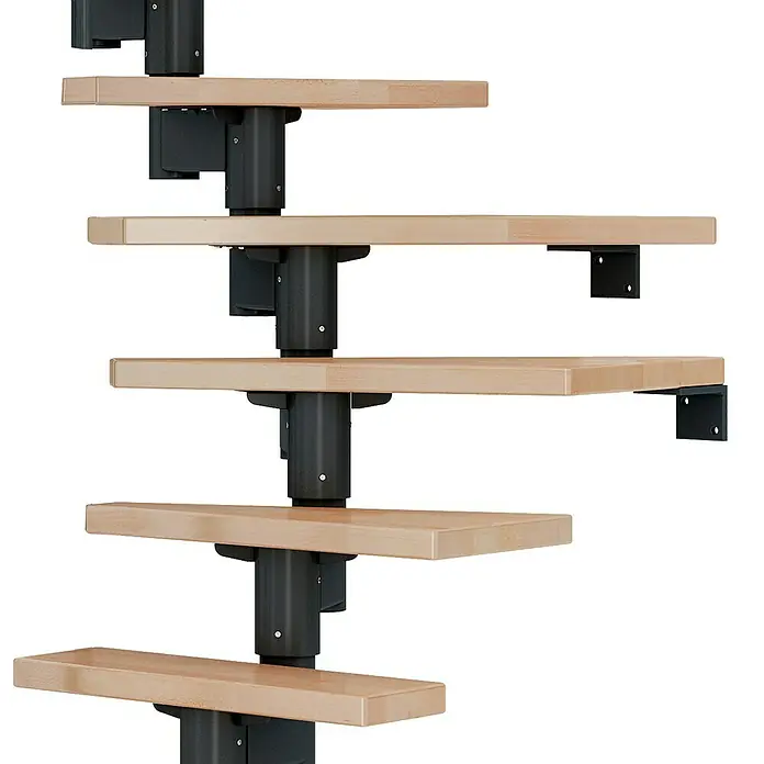 Dolle Mittelholmtreppe DublinBreite: 65 cm, Anthrazitgrau, 1/4-gewendelt, Farbe Stufen: Buche Natur, Geschosshöhe: 259 cm - 315 cm, Einzelstabgeländer - Eine moderne Spindeltreppe mit Holzstufen und schwarzer Metallsäule. Das Treppendesign ist platzsparend und stilvoll.